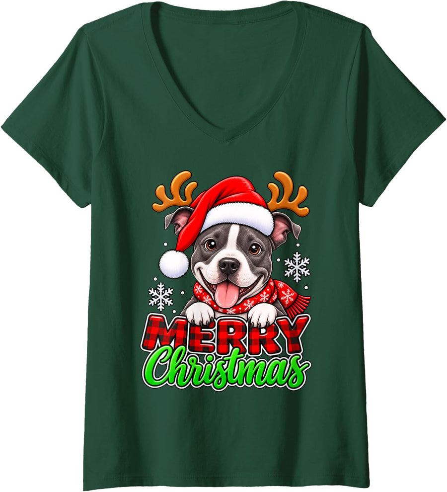 Women's American Staffordshire Terrier Merry Xmas Santa Reindeer V-Neck T-Shirt - Dark Green
