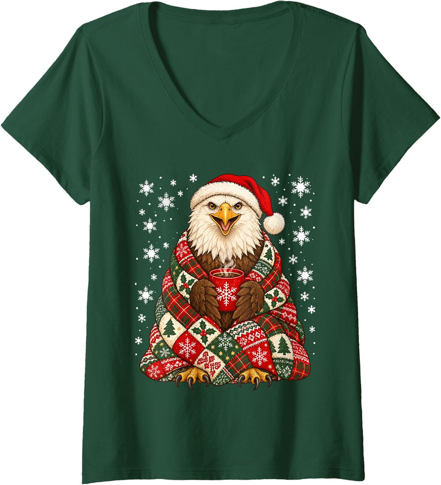 Women's Christmas Bald Eagle with Coffee Snowflakes Winter Animal V-Neck T-Shirt - Dark Green