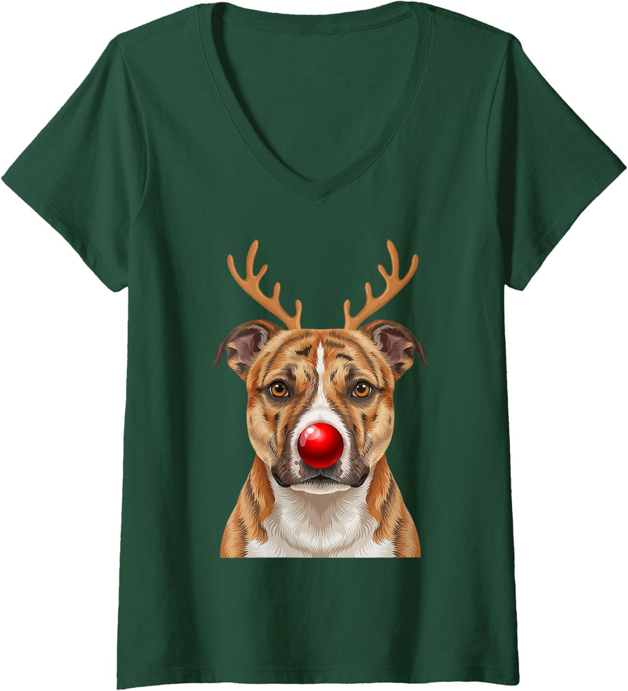 Women's American Staffordshire Terrier Christmas Reindeer Antlers V-Neck T-Shirt - Dark Green