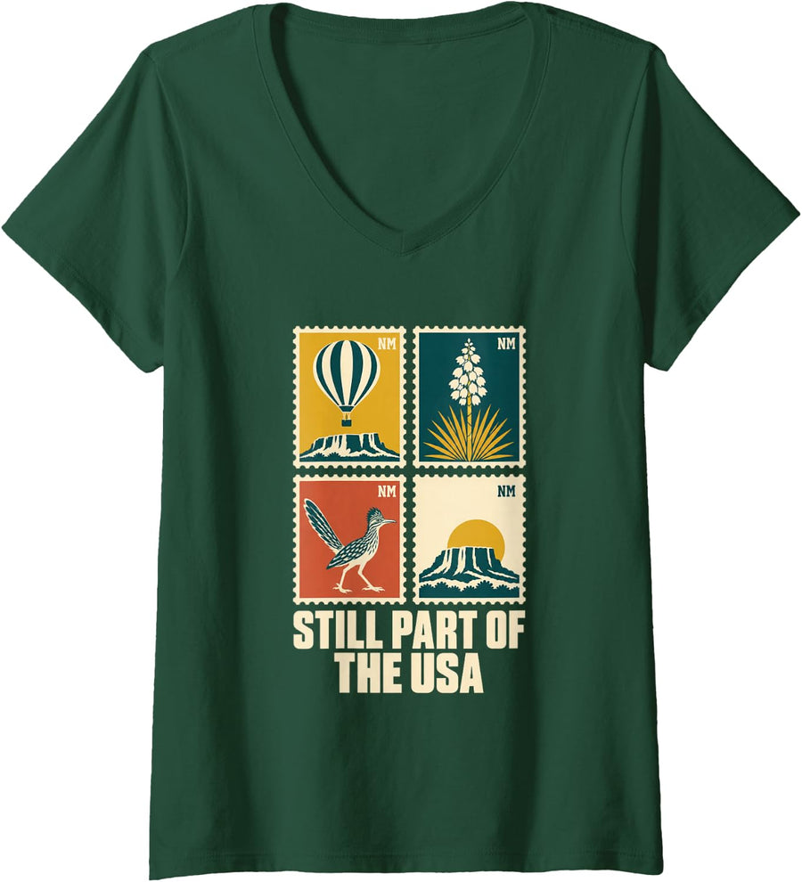 Women's New Mexico Still Part of The USA Postage Stamp Roadrunner V-Neck T-Shirt - Dark Green
