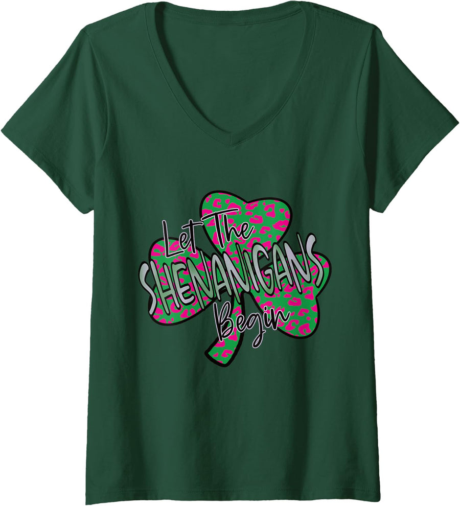 Women's Funny St Patrick's Day 2022 Let The Shenanigans Begin V-Neck T-Shirt - Dark Green