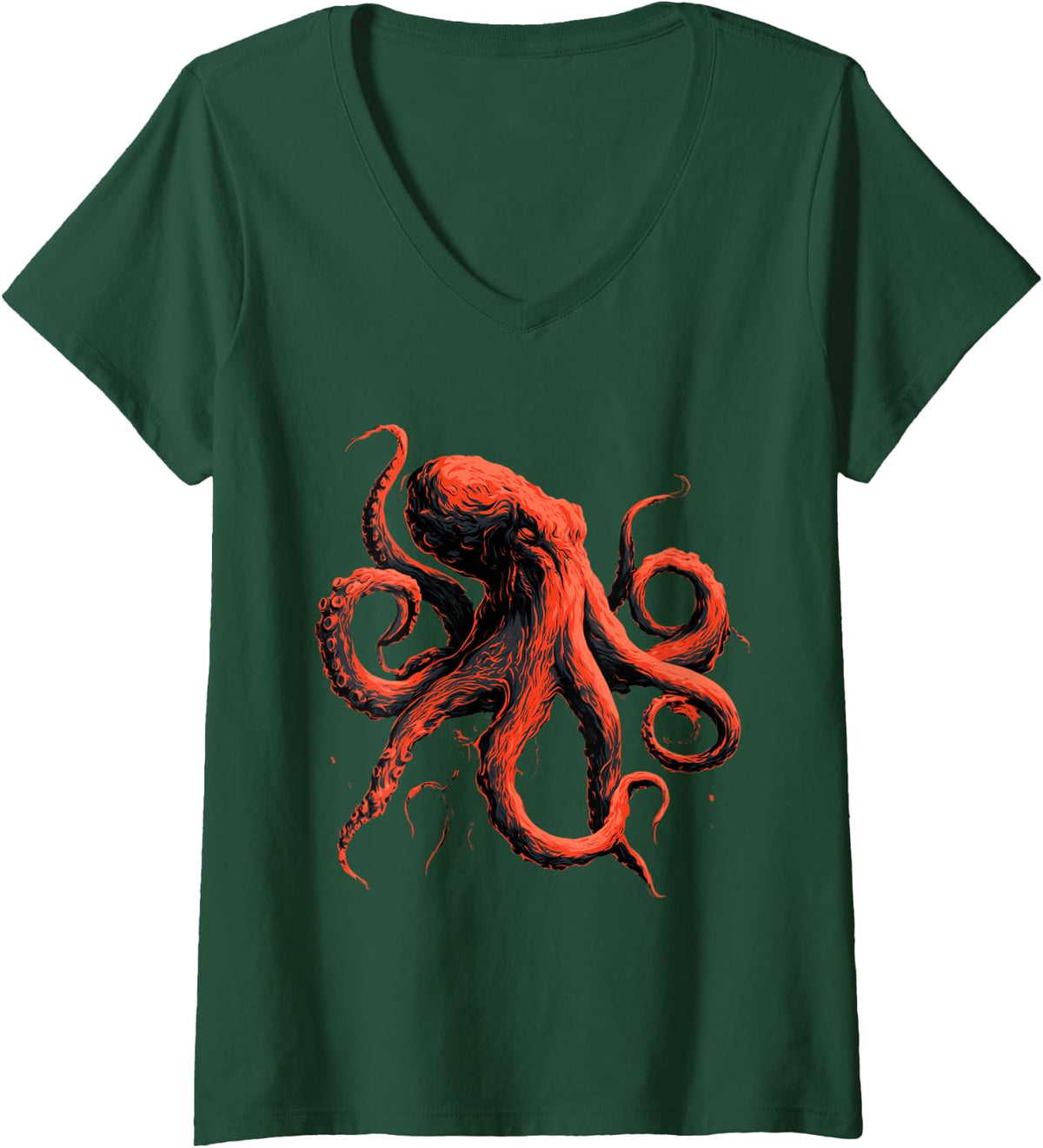 Women's Vintage Red Octopus Deep Sea Kraken Ocean Design V-Neck T-Shirt - Dark Green