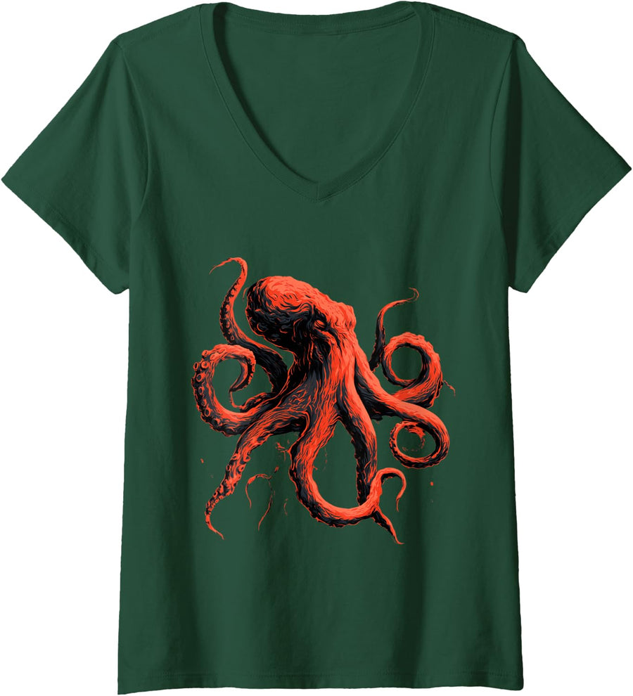 Women's Vintage Red Octopus Deep Sea Kraken Ocean Design V-Neck T-Shirt - Dark Green