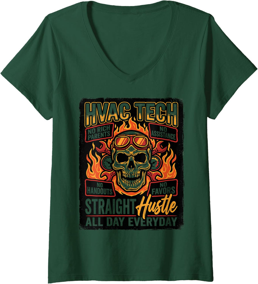 Women's HVAC Tech Straight Hustle All Day Everyday Heating Cooling V-Neck T-Shirt - Dark Green