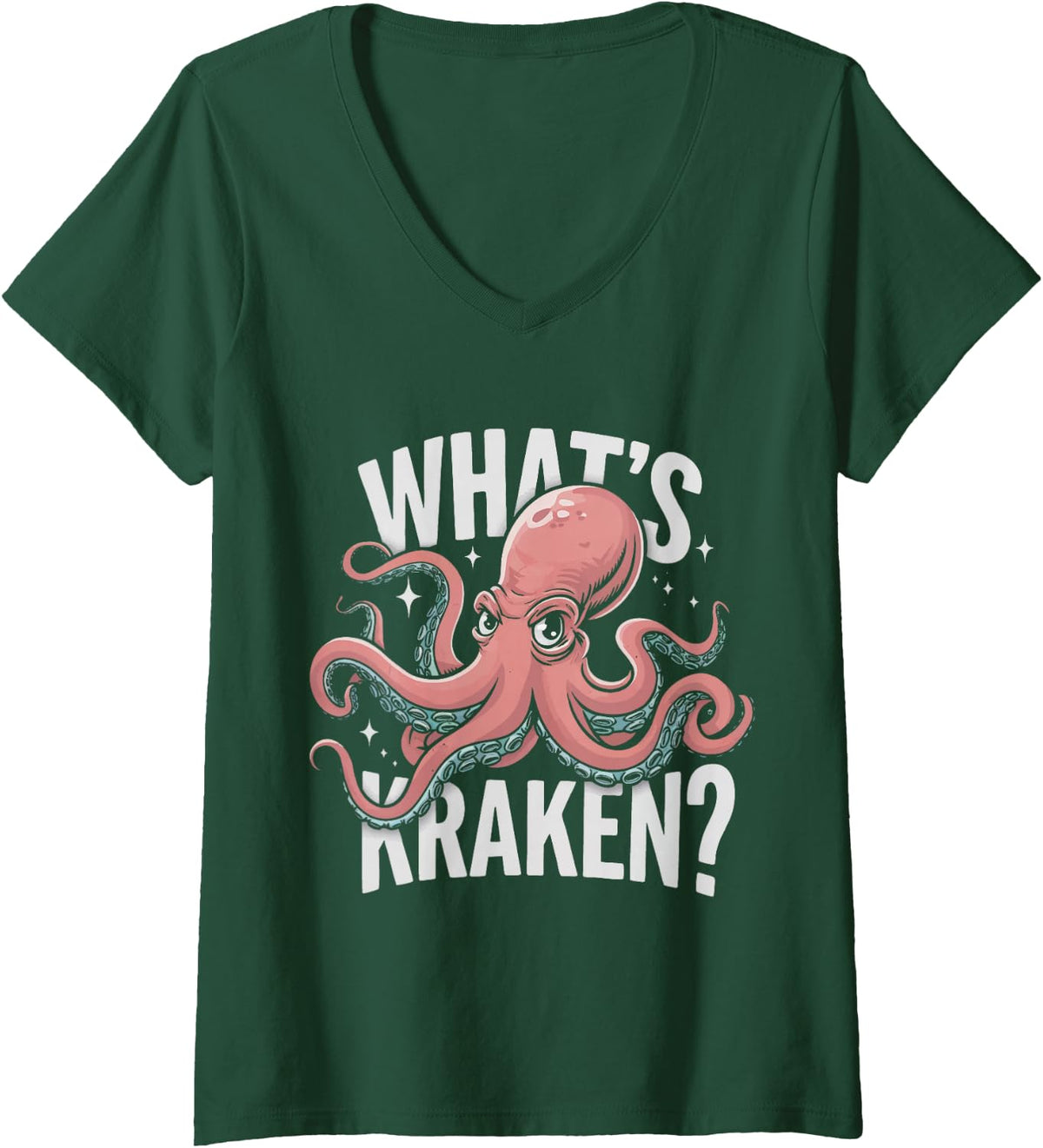 Womens Octopus What's Kraken V-Neck T-Shirt - Dark Green
