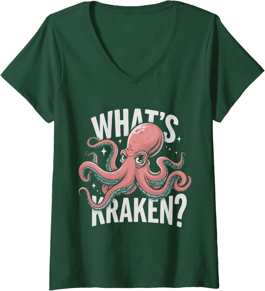 Womens Octopus What's Kraken V-Neck T-Shirt - Dark Green