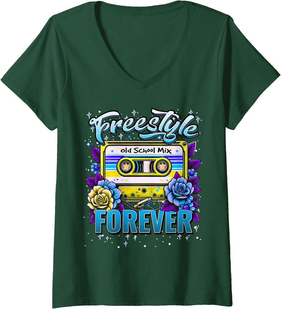Womens Freestyle Dance Music Retro 80s Cassette Perfect Concert V-Neck T-Shirt - Dark Green