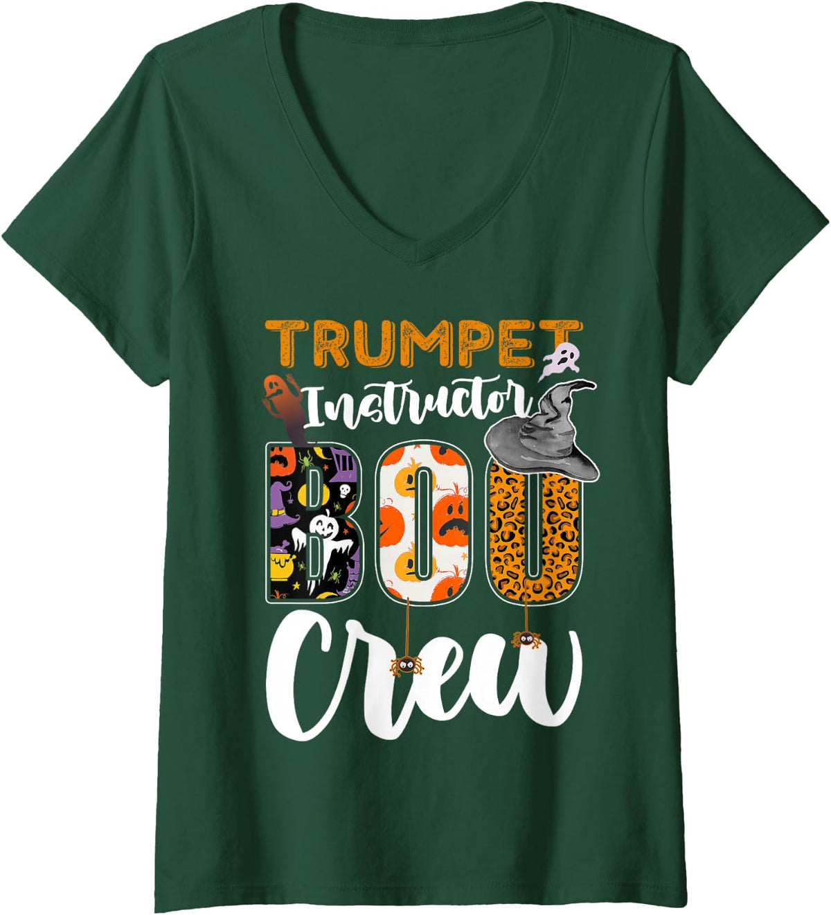Women's Trumpet Instructor Boo Crew Halloween Costume Matching V-Neck T-Shirt - Dark Green