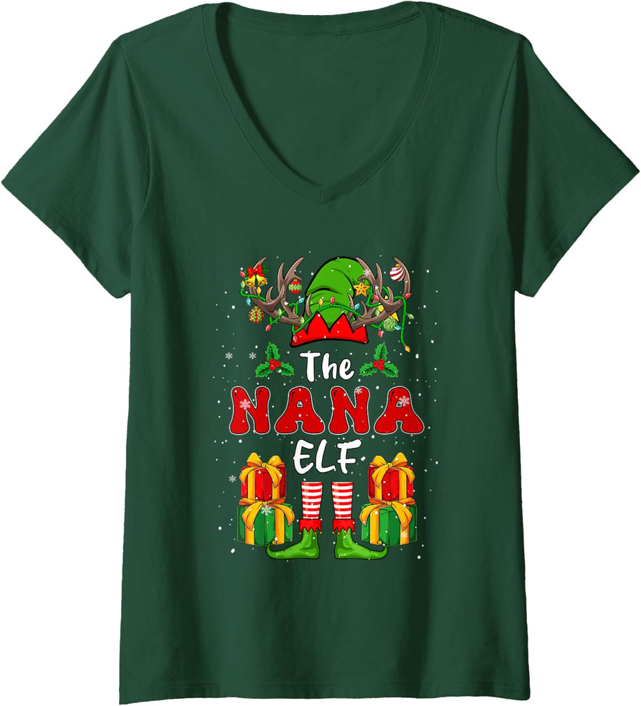 Women's Nana Elf Christmas Reindeer Costume Colorful Lights V-Neck T-Shirt - Dark Green