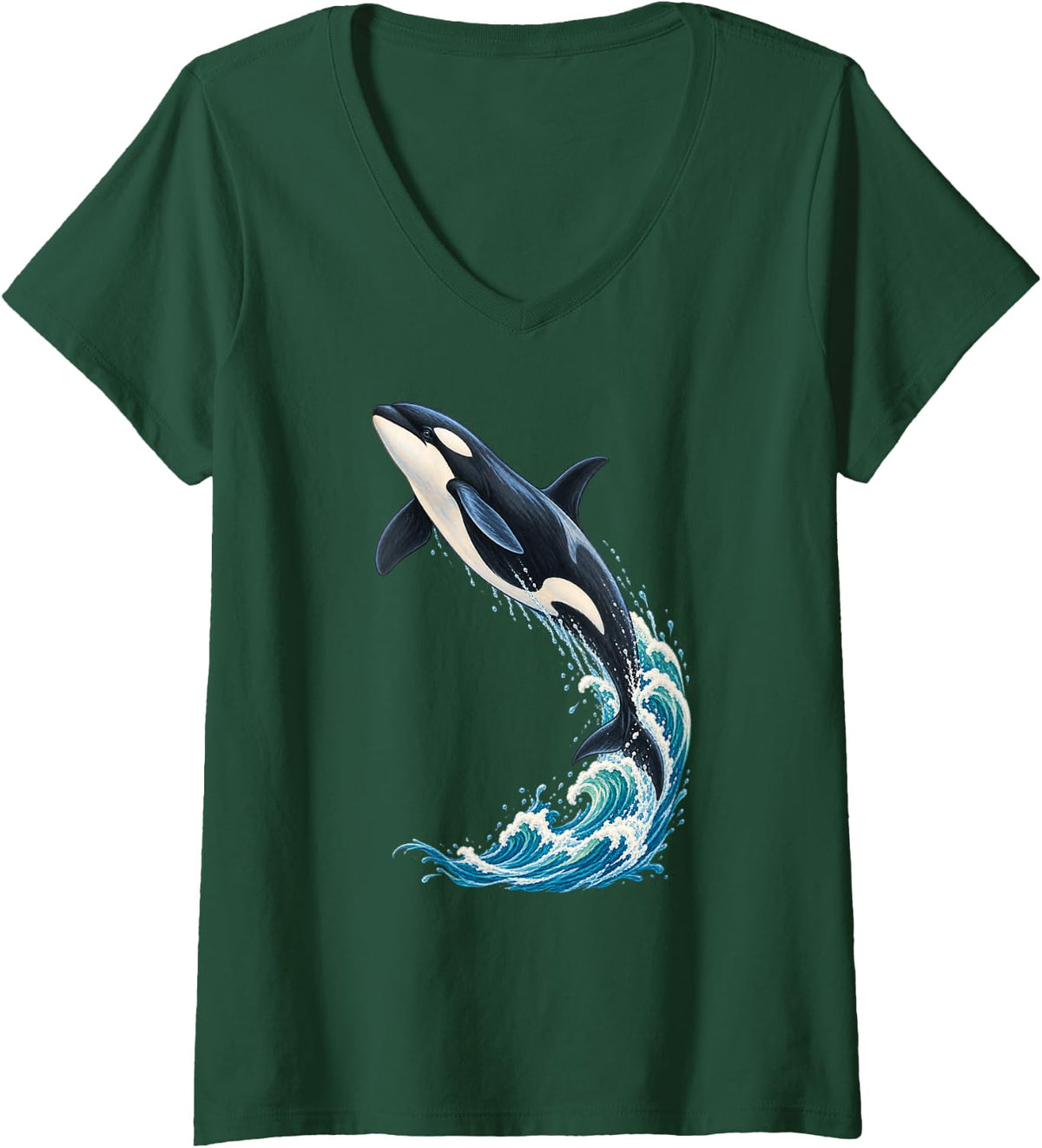 Women's Breaching Orca Killer Whale V-Neck T-Shirt - Dark Green