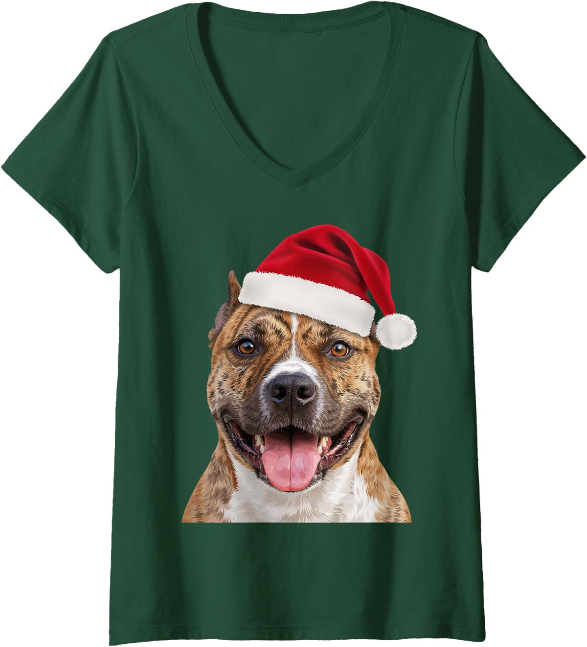 Women's American Staffordshire Terrier Santa Hat Holiday Portrait V-Neck T-Shirt - Dark Green