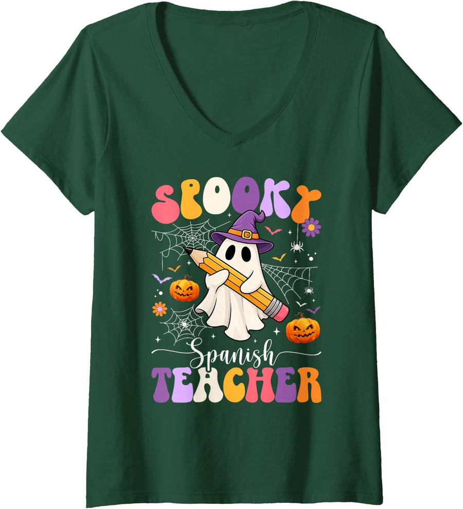 Women's Spooky Spanish Teacher Halloween Spanish Teaching Groovy V-Neck T-Shirt - Dark Green