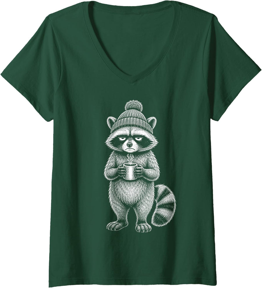 Women's Grumpy Raccoon Drinking Coffee Lover Funny Trash Panda V-Neck T-Shirt - Dark Green