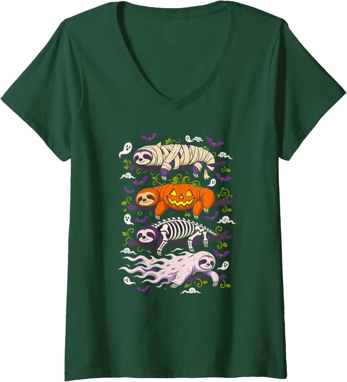 Women's Halloween Sloth Mummy Pumpkin Skeleton Ghost V-Neck T-Shirt - Dark Green