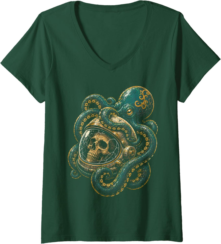 Women's Octopus Skulls Astronaut Deep Sea Space Halloween Kraken V-Neck T-Shirt - Dark Green