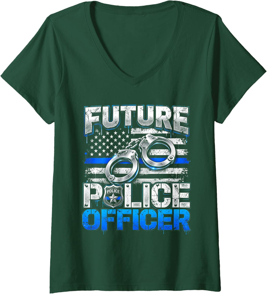 Women's Future Police Officer Policeman USA Flag Handcuffs Boys Kids V-Neck T-Shirt - Dark Green