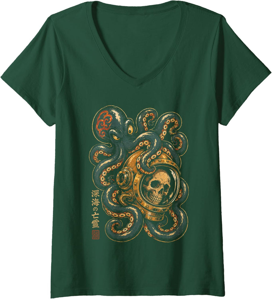 Women's Octopus Skulls Astronaut Deep Sea Space Kraken Halloween V-Neck T-Shirt - Dark Green