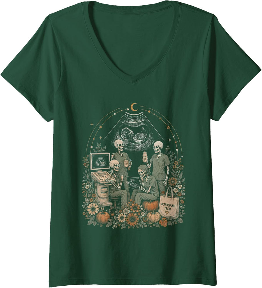 Women's Wildflower Skeleton Sonographer Ultrasound Tech Halloween V-Neck T-Shirt - Dark Green