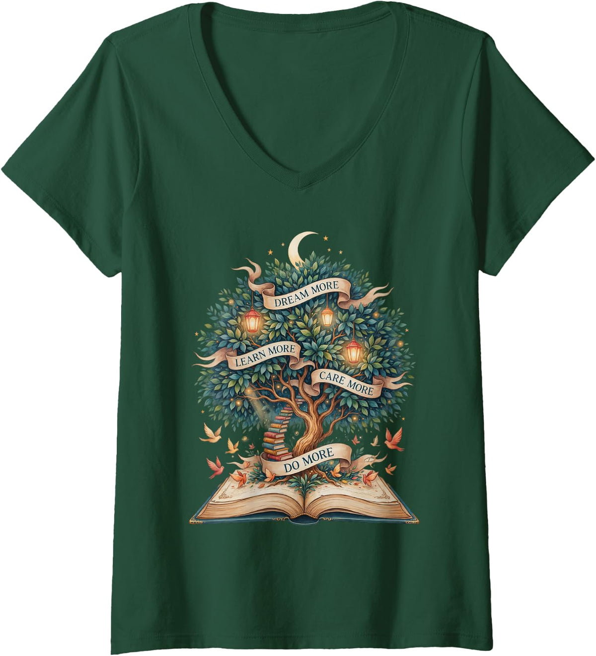 Women's Dream More Learn More Care More Do More Book Lover Teacher V-Neck T-Shirt - Dark Green