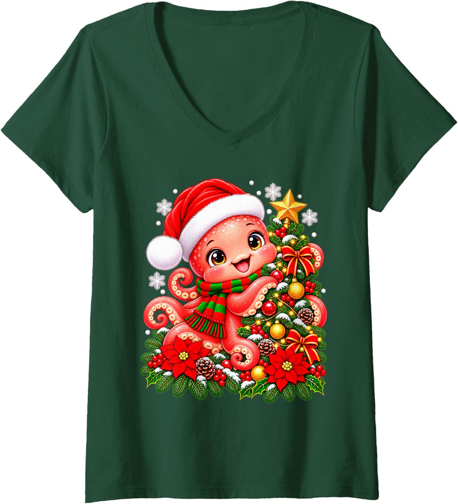 Women's Christmas Tree Octopus Santa Hat Men Women Kids V-Neck T-Shirt - Dark Green