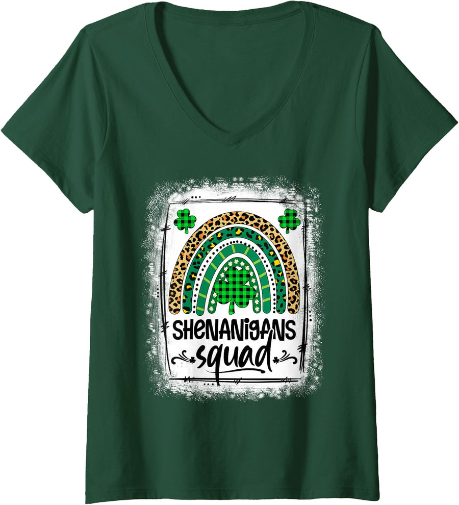 Women's Shenanigans Squad Leopard Rainbow Shamrock St Patrick's Day V-Neck T-Shirt - Dark Green