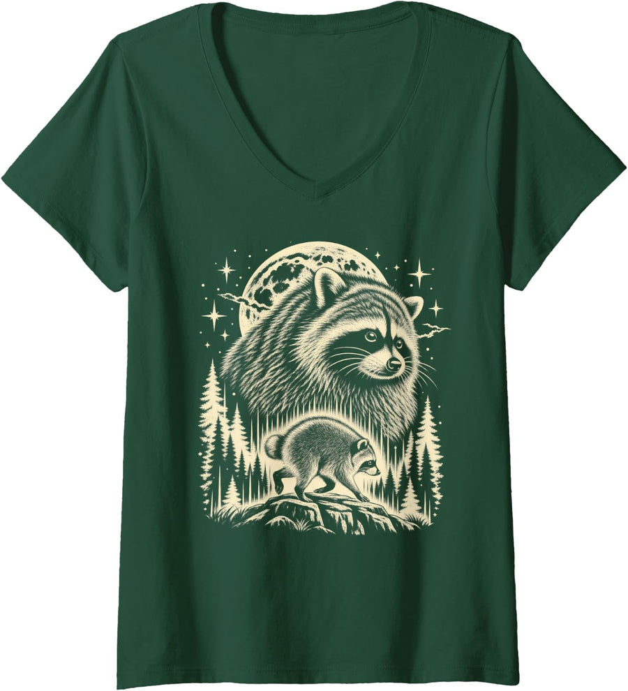 Women's Viral Jimothy Raccoon Trend Meme Funny Feral Jimothy Moon V-Neck T-Shirt - Dark Green