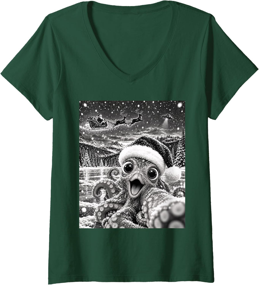 Women's Octopus Selfie with Santa Funny Christmas Men Women Kids V-Neck T-Shirt - Dark Green