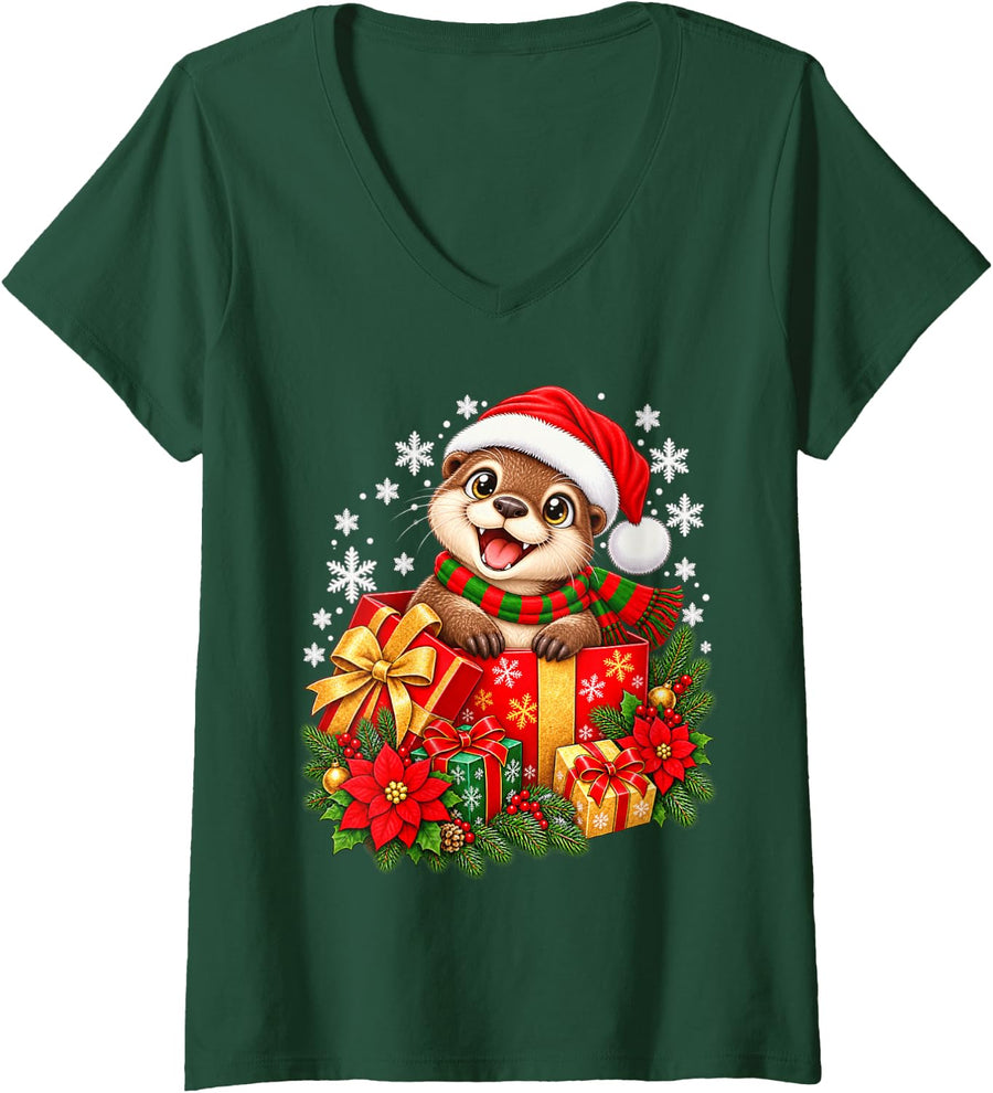 Women's Cute Christmas Octopus Santa Hat Winter Holiday V-Neck T-Shirt - Dark Green