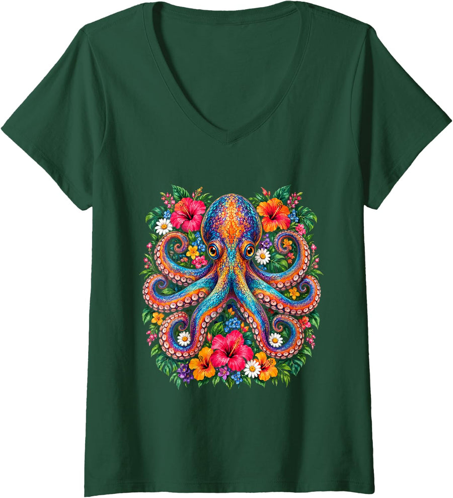 Women's Colorful Floral Art - Octopus V-Neck T-Shirt - Dark Green