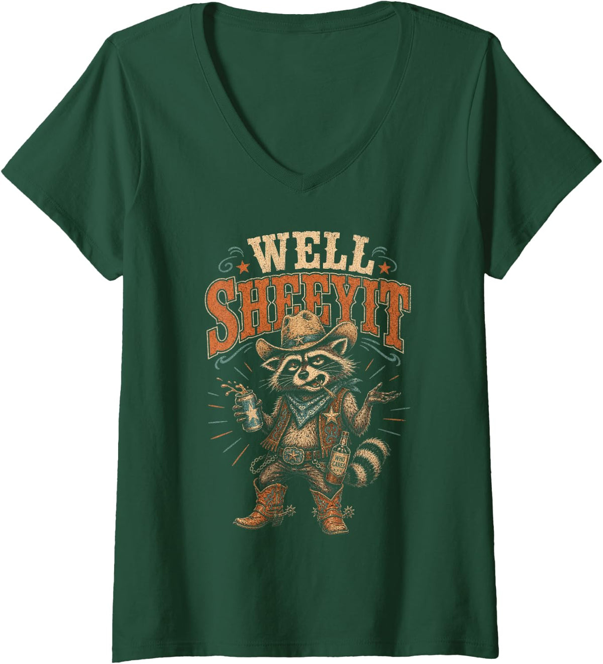 Women's Well Sheeyit Raccoon Cowboy Trash Panda Humor V-Neck T-Shirt - Dark Green