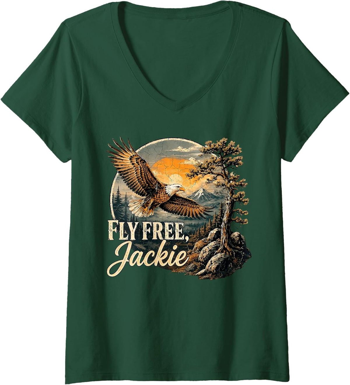 Women's Vintage Jackie Bald Eagle, Fly Free Jackie V-Neck T-Shirt - Dark Green