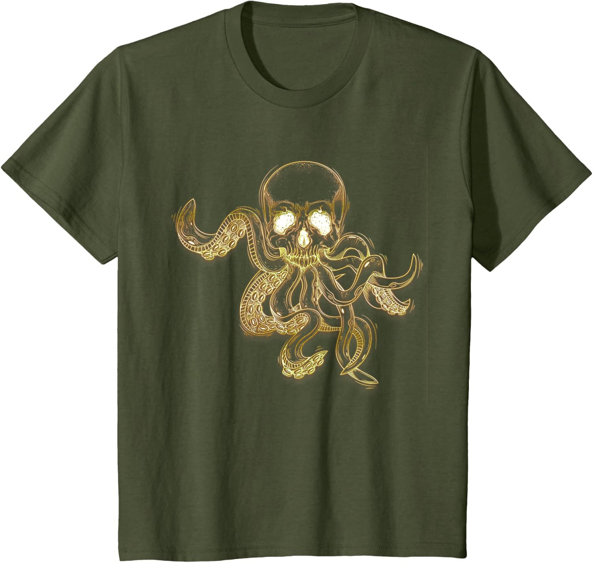 Octopus Skull Graphic T-Shirt Tentacles Steampunk Art Shirt - Olive Green