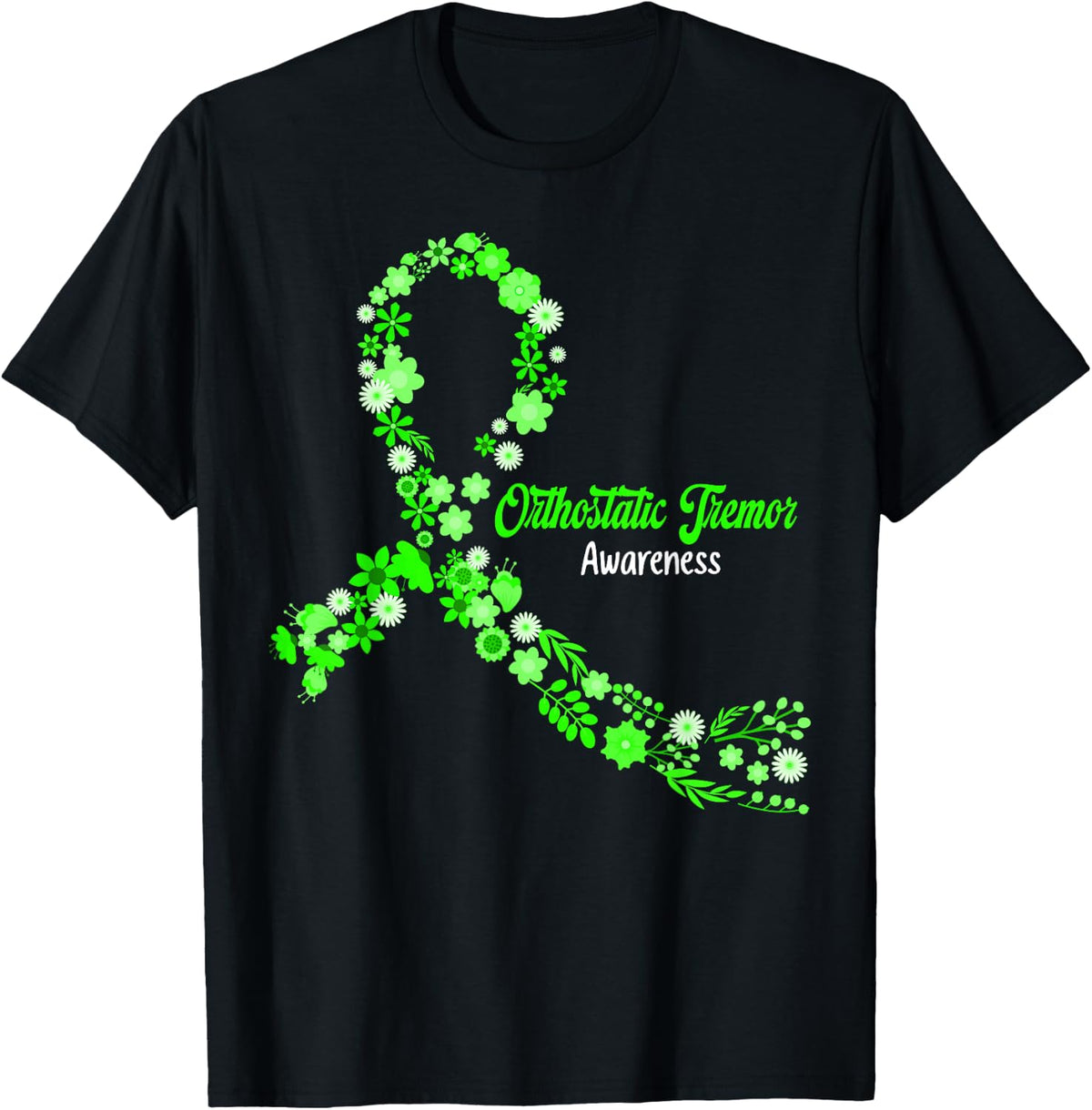Orthostatic Tremor Awareness Hippie Wild Flower Green Ribbon T-Shirt - Black