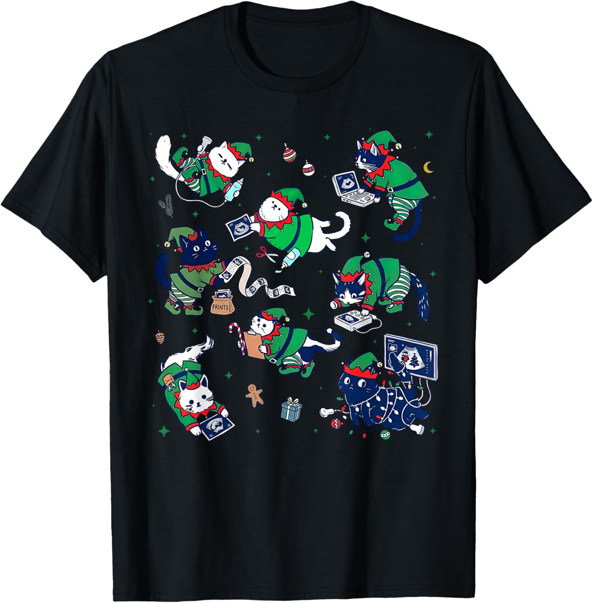 Cute Cat Elf Sonographer Christmas MFM Ultrasound Tech RDCS T-Shirt - Black