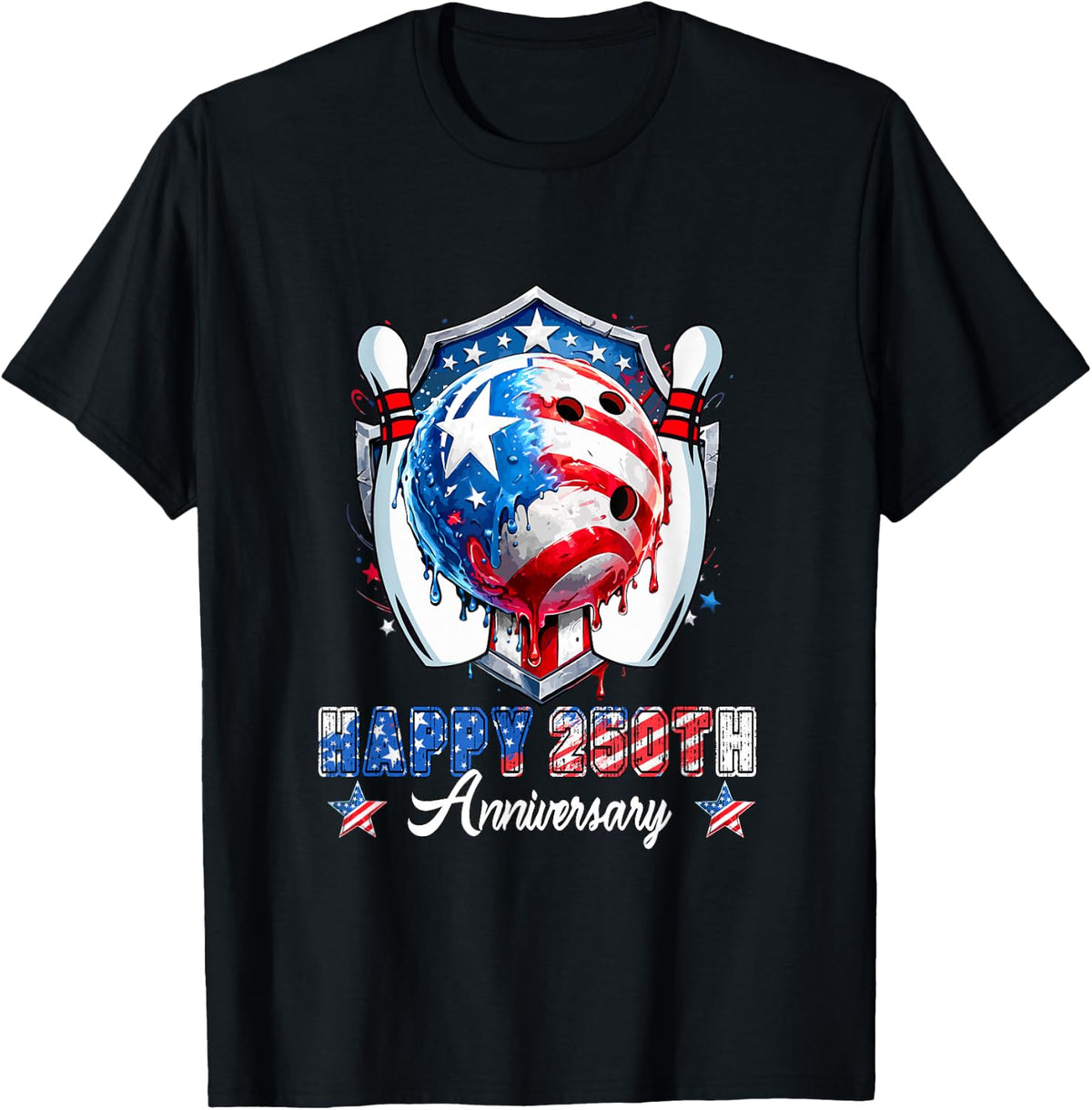 Happy 250th Anniversary 4th July Dripped Costume Bowling T-Shirt - Black