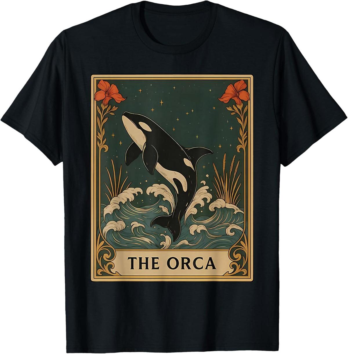 Orca Tarot Card Vintage Floral Killer Whale Ocean Animal T-Shirt - Black