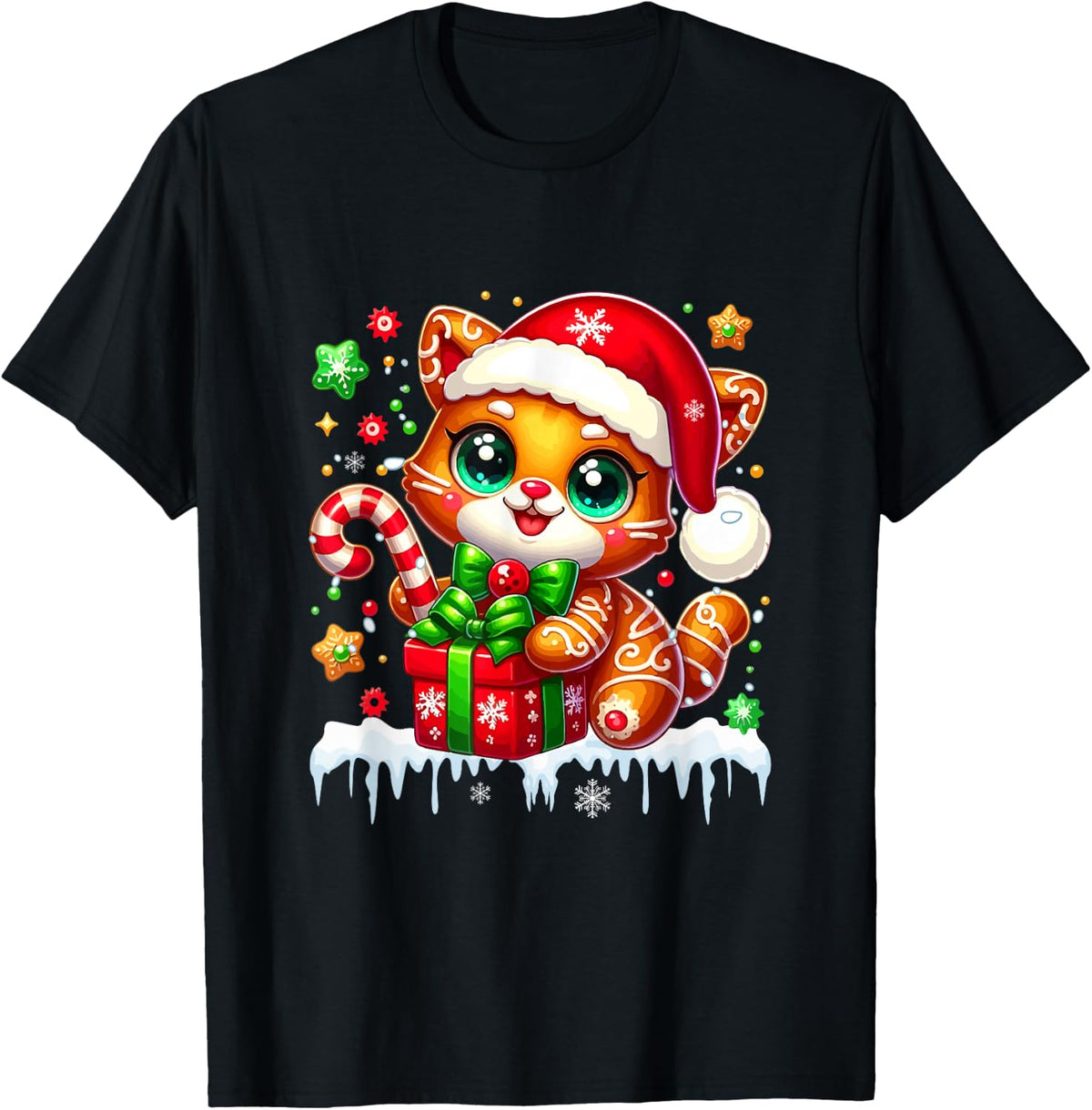Santa Gingerbread Cat Christmas Box Colorful Baker Baking T-Shirt - Black
