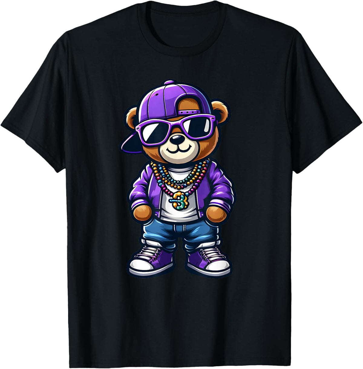 Mardi Gras Teddy Bear For Boys Men Hip Hop New Orleans T-Shirt - Black
