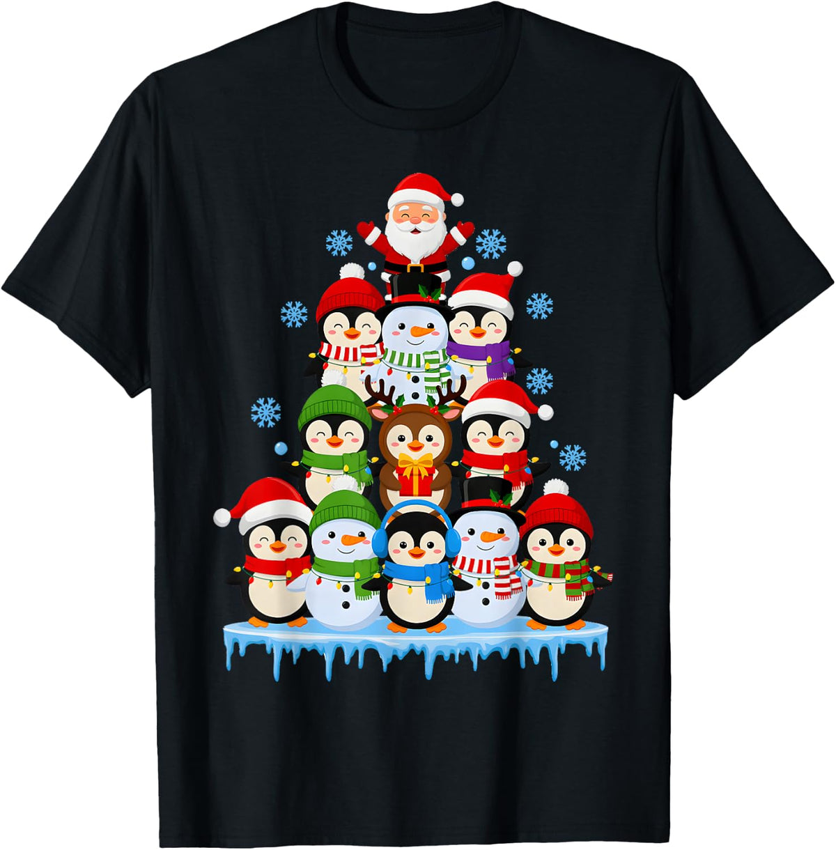 Christmas Penguin Snowman Tree Santa Winter Xmas T-Shirt - Black