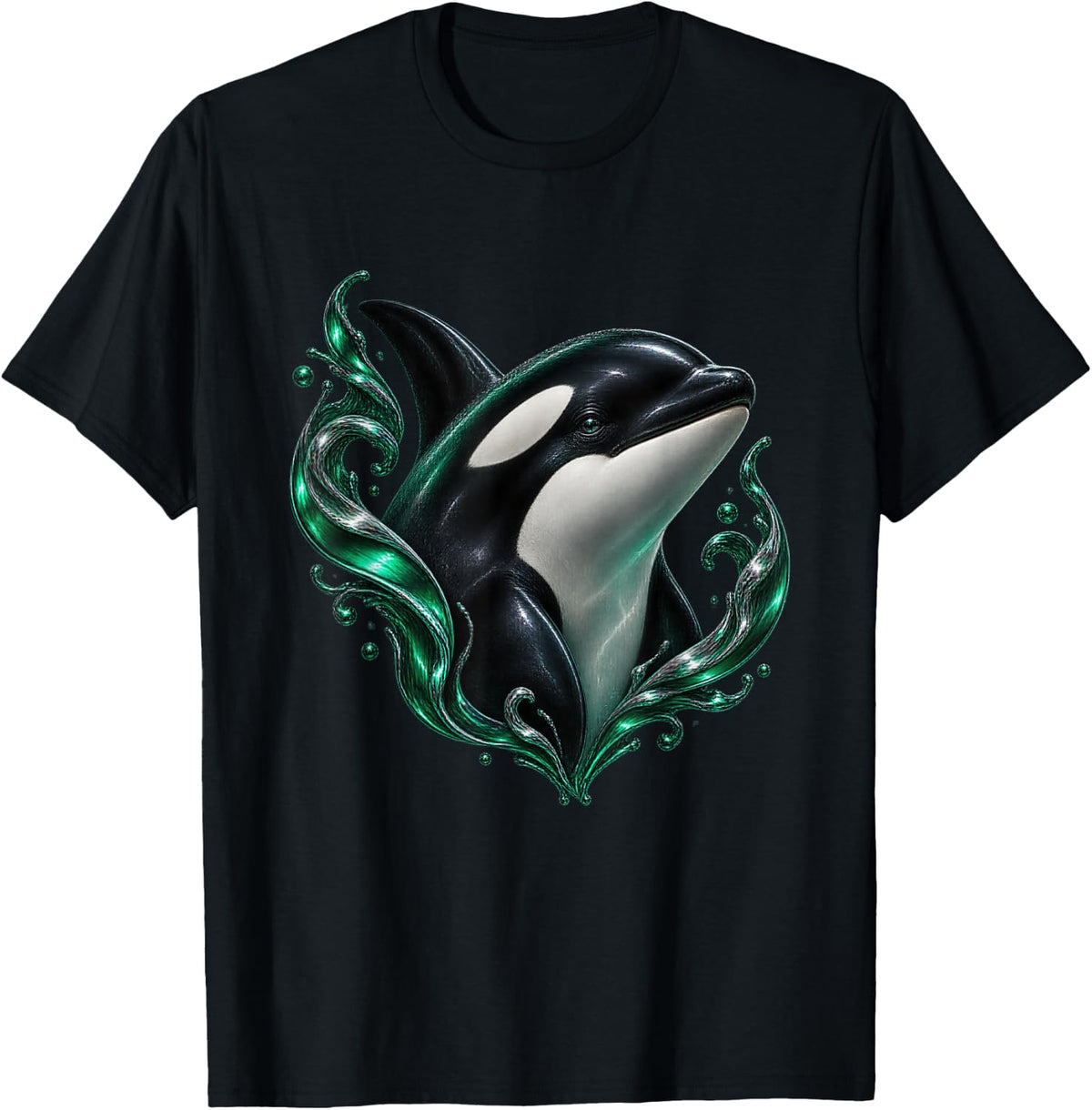 Orca with Emerald Fluid Swirls Mystical Animal Art T-Shirt - Black