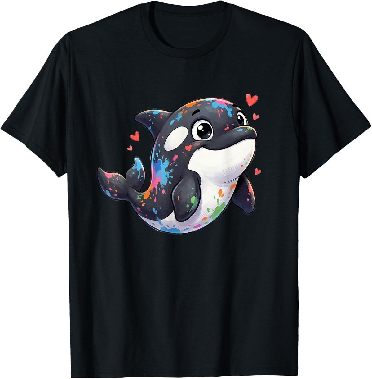 Colorful Orca Whale with Hearts Ocean Rainbow T-Shirt - Black
