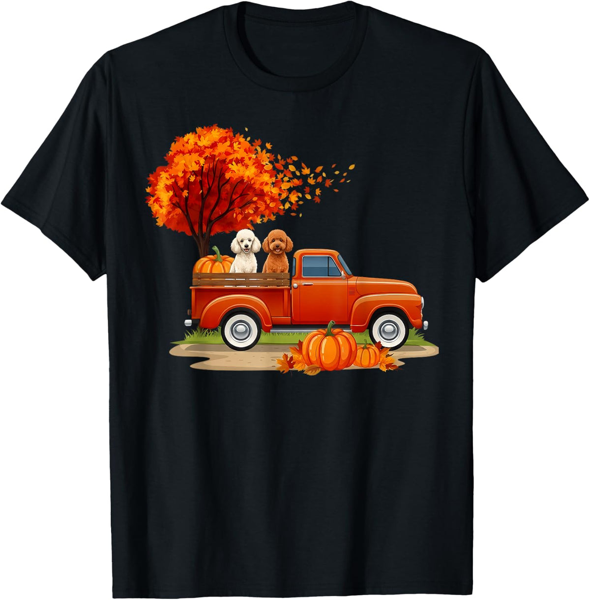 Miniature Poodle Dog Truck Pumpkin Autumn Fall Thanksgiving T-Shirt - Black