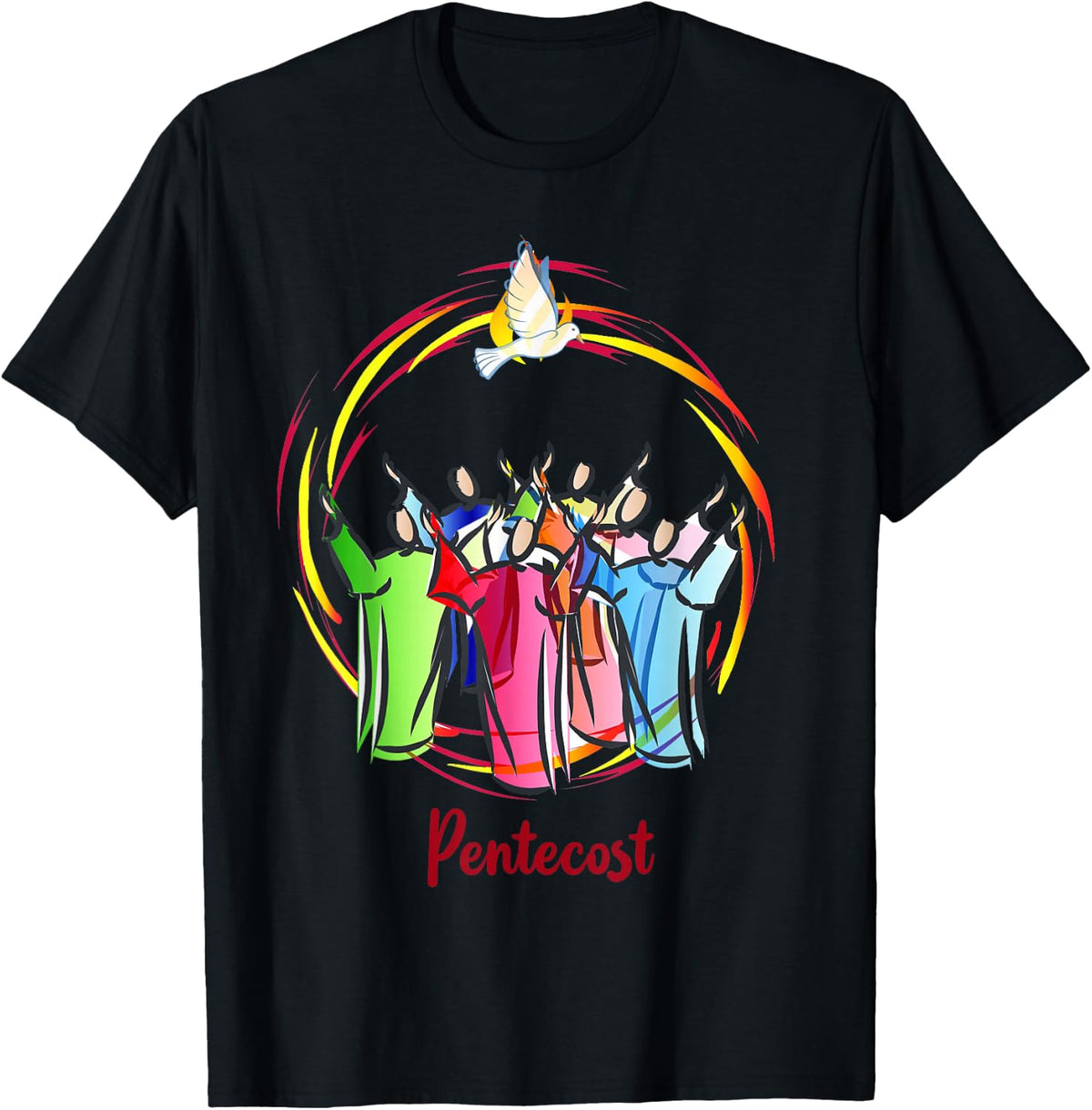 Pentecost Doves Tongues Fire Flame Holy Spirit Catholic T-Shirt - Black