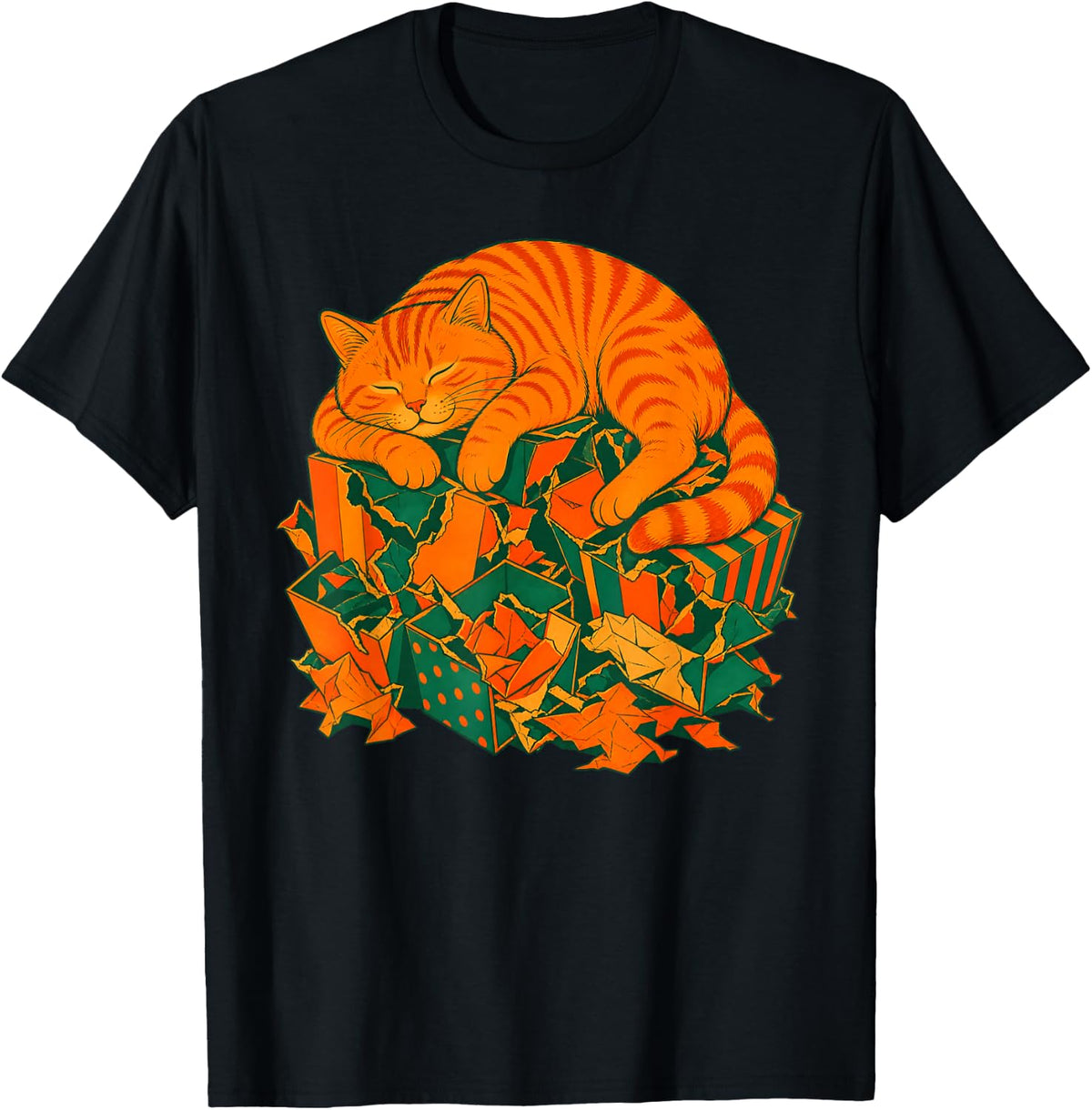 Orange Cat Christmas Nap Ginger Cat T-Shirt - Black