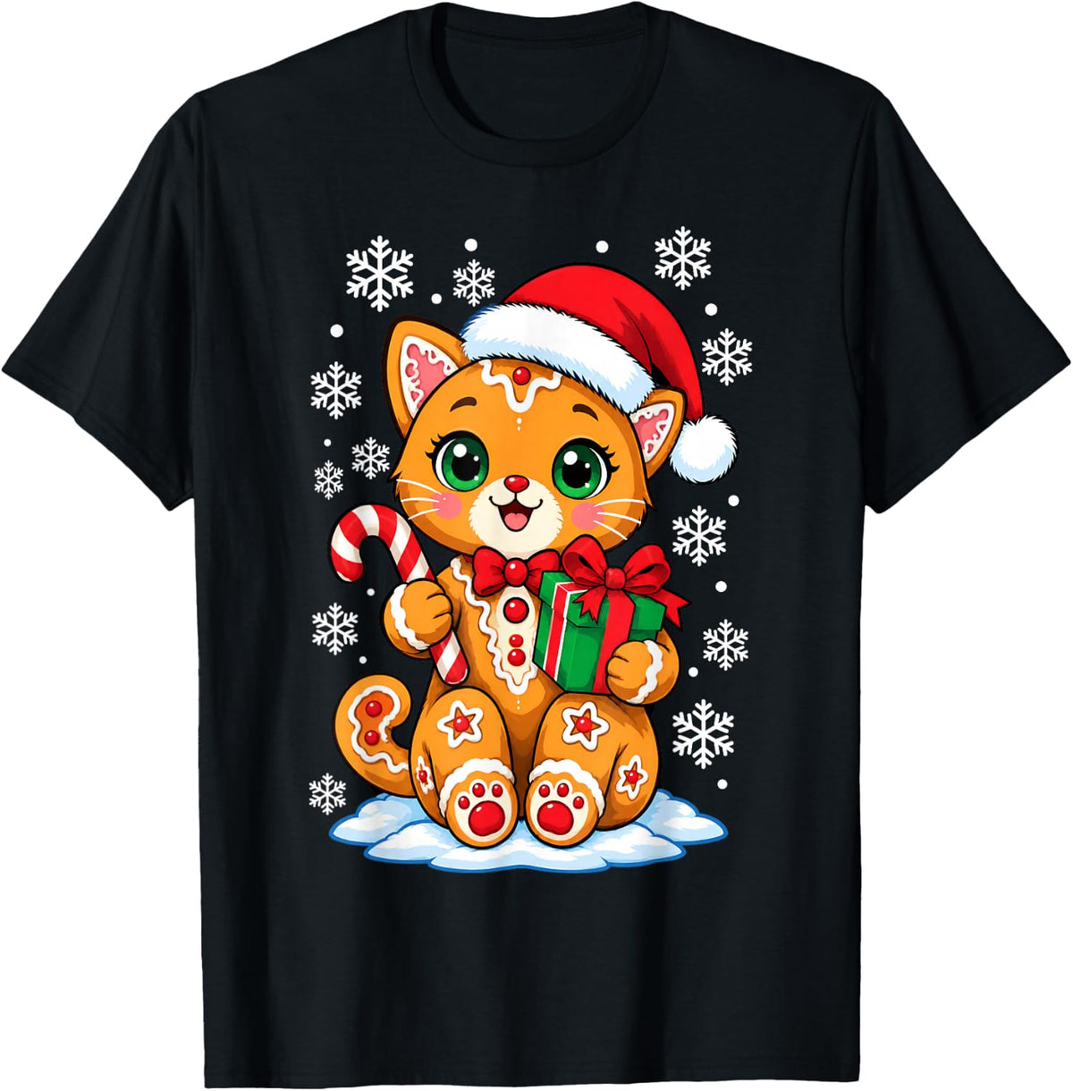 Cute Gingerbread Cat Xmas Holiday T-Shirt - Black