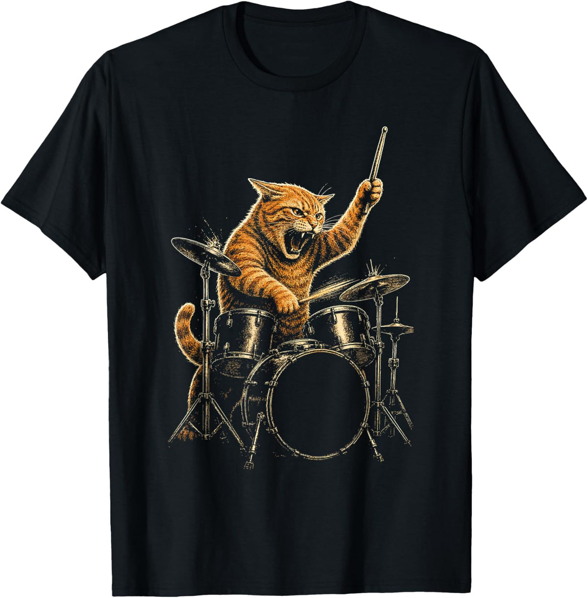 Drummer Cat Rock Music Ginger Tabby Drum Kit Cymbals T-Shirt - Black