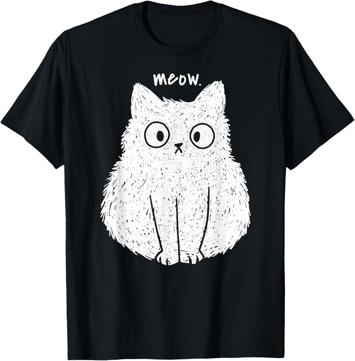 Meow Fluffy White Cat – Vintage Funny Cute Kitty T-Shirt - Black