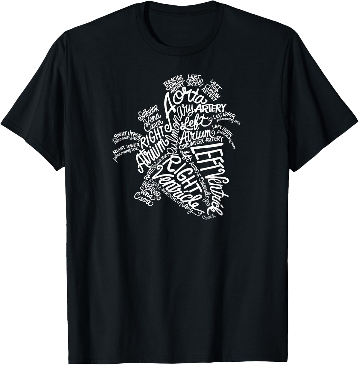 Anatomical Heart Medical White Word Cloud Line Art T-Shirt - Black