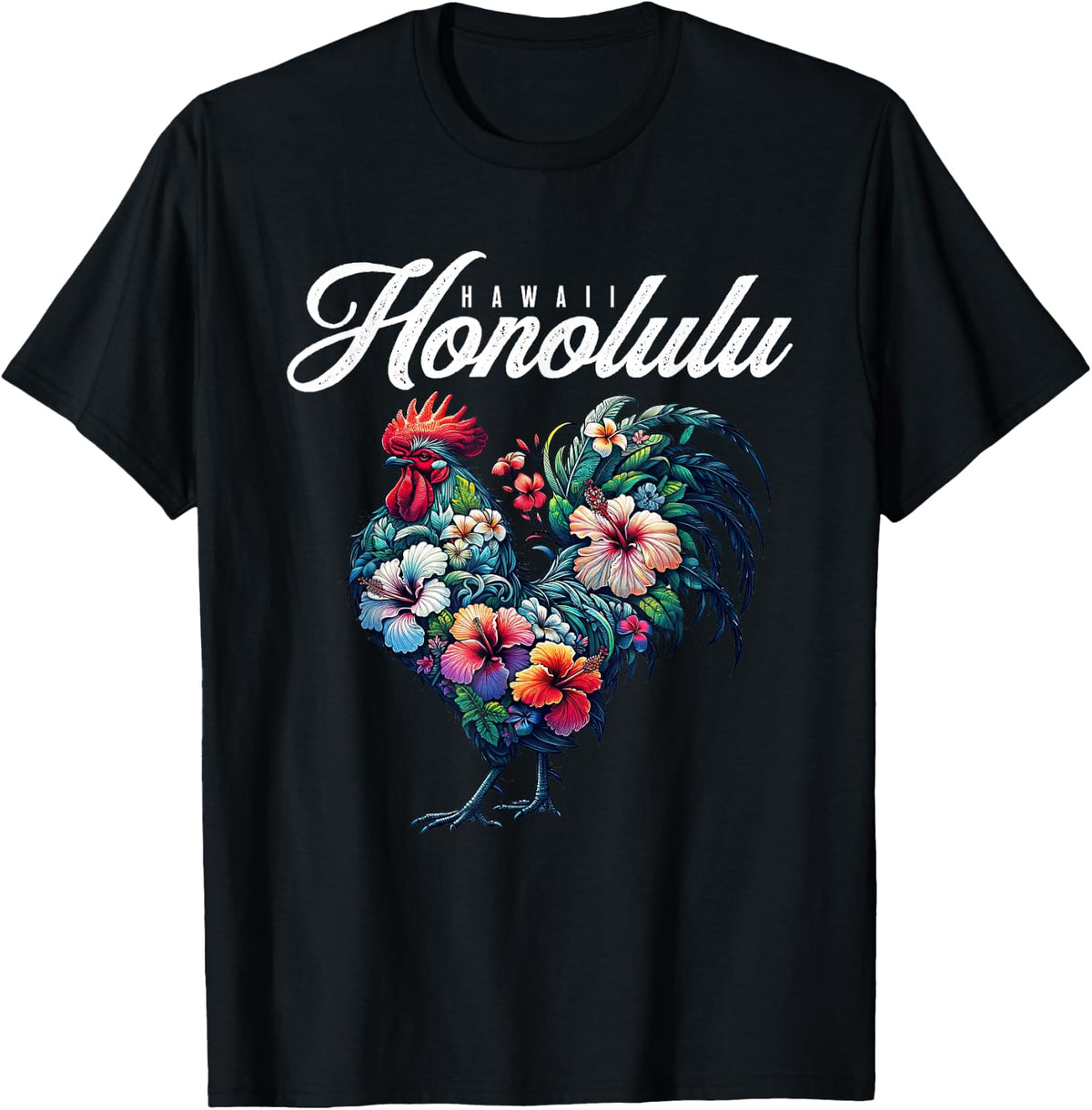 Honolulu Hawaii Tropical Chicken With Hibiscus T-Shirt - Black