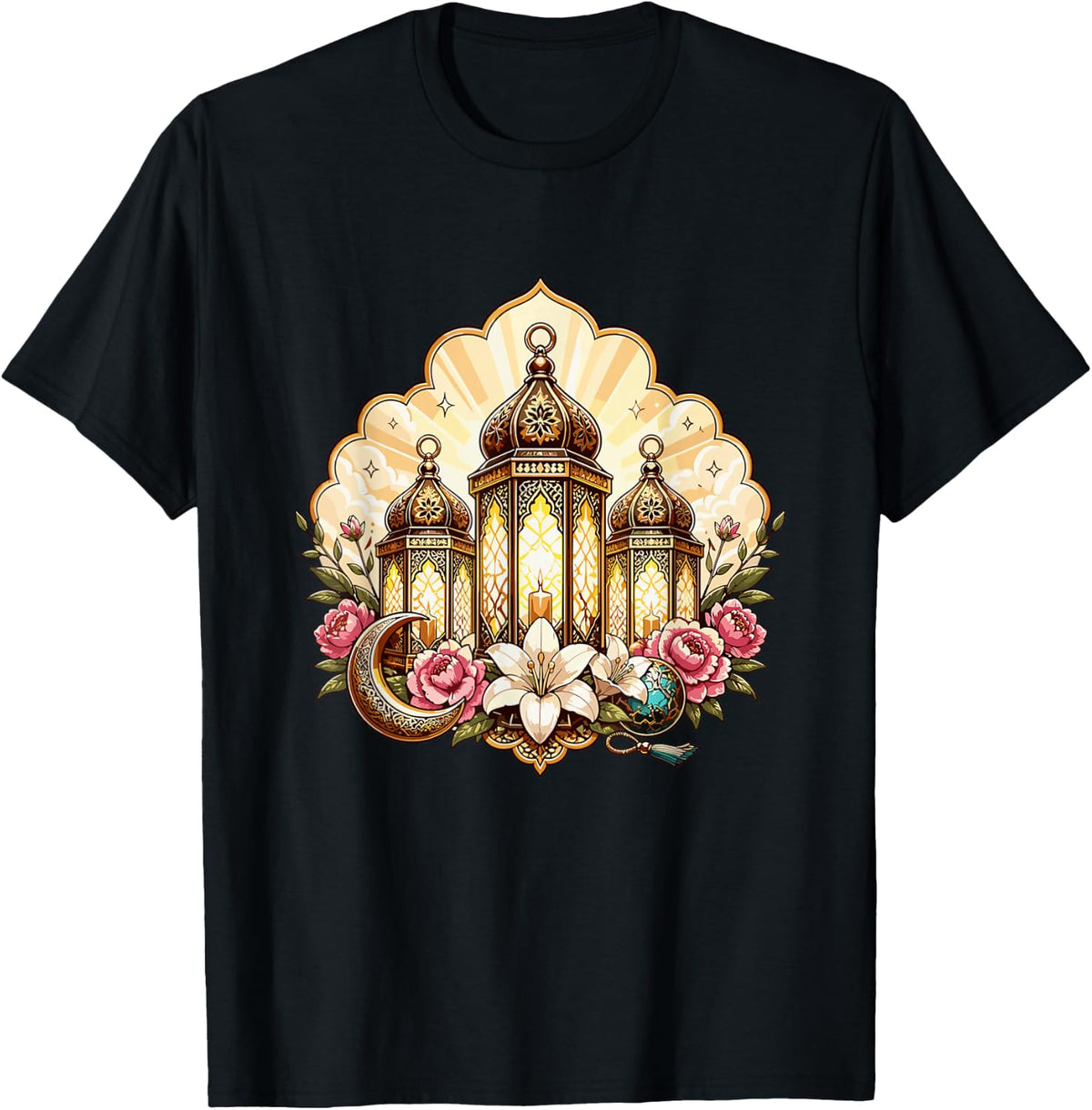 Ramadan Kareem Islamic Lantern Crescent Florals T-Shirt - Black